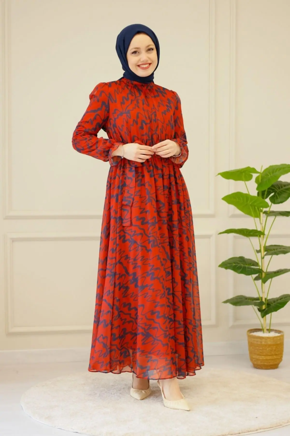 

Women Red Print Zipper Lined Belted Waist Ankles Wheel Hijab Dress Free Shipping New Season