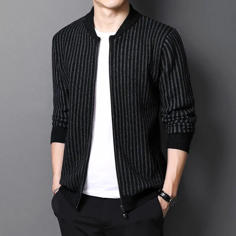 

2022 Spring Autumn New Sweater Cardigan Men Solid Color Zipper Striped Knitted Sweater Coat Male Warm Casual Knitwear S10