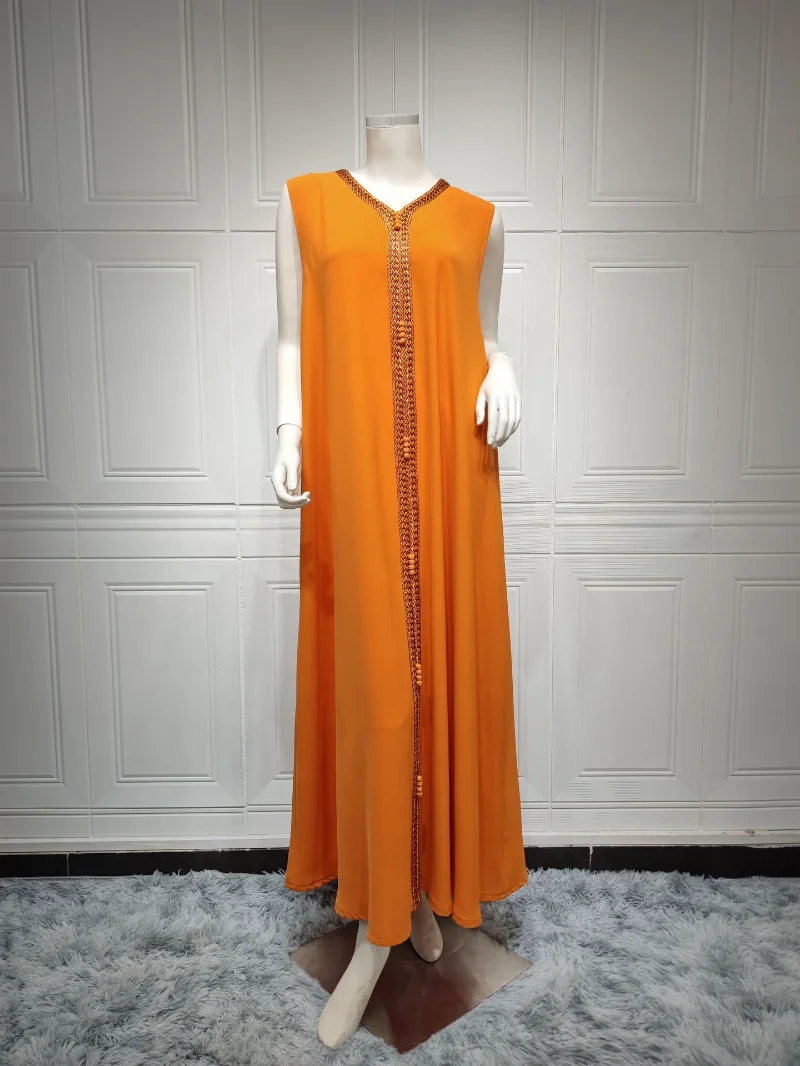 2023 Summer Elegant Muslim Women Long Sleeve V-neck Polyester Orange 2 Pieces Set Long Abaya with Inner Muslim Fashion Dresses
