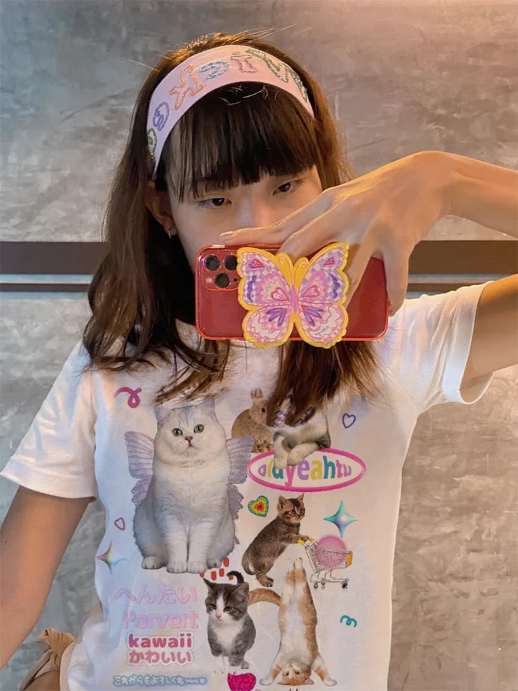Фото Японский y2k Kawaii Cat Print короткий рукав Tee Women Grunge кроп-топы Fairycore Graphic футболка E-girl 2000s корейская мода №4