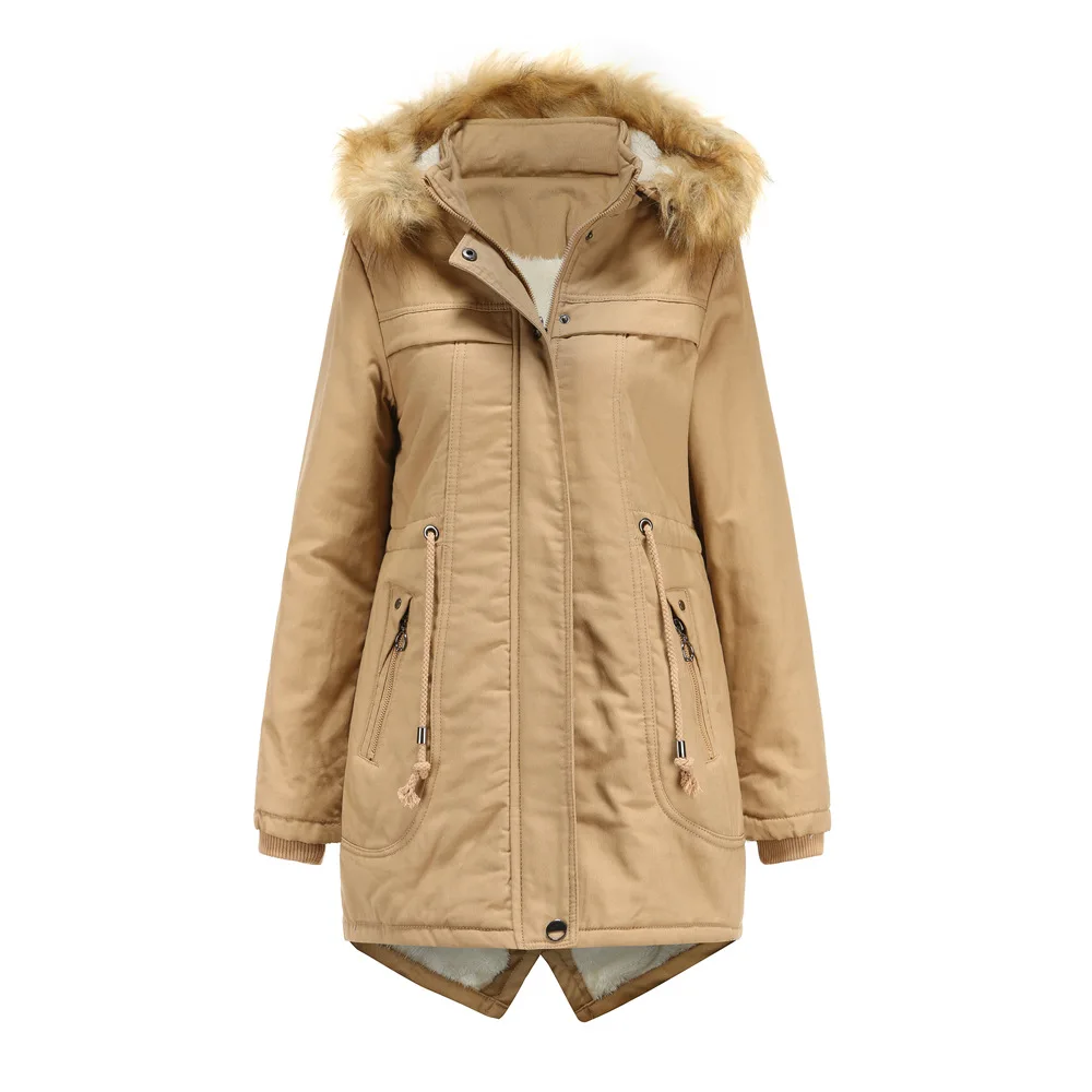 

Khaki Black With Fur Hat Thick Warm Casual Women's Winter Zip Up Jacket For 2022 Bomber Cargo Coat Padded Oversize Parkas