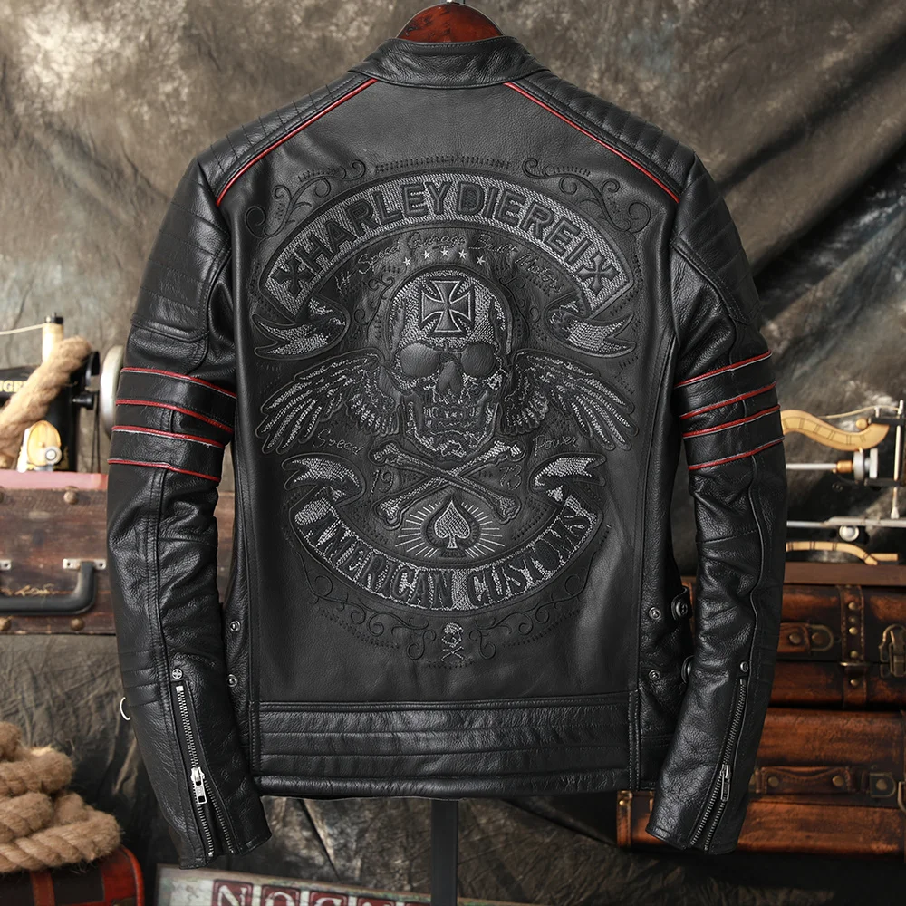 

Embroidery Skull Motorcycle genuine Leather Jackets Natural Cowhide Moto Biker Leather Coat Men's Spring and Autumn Clothing