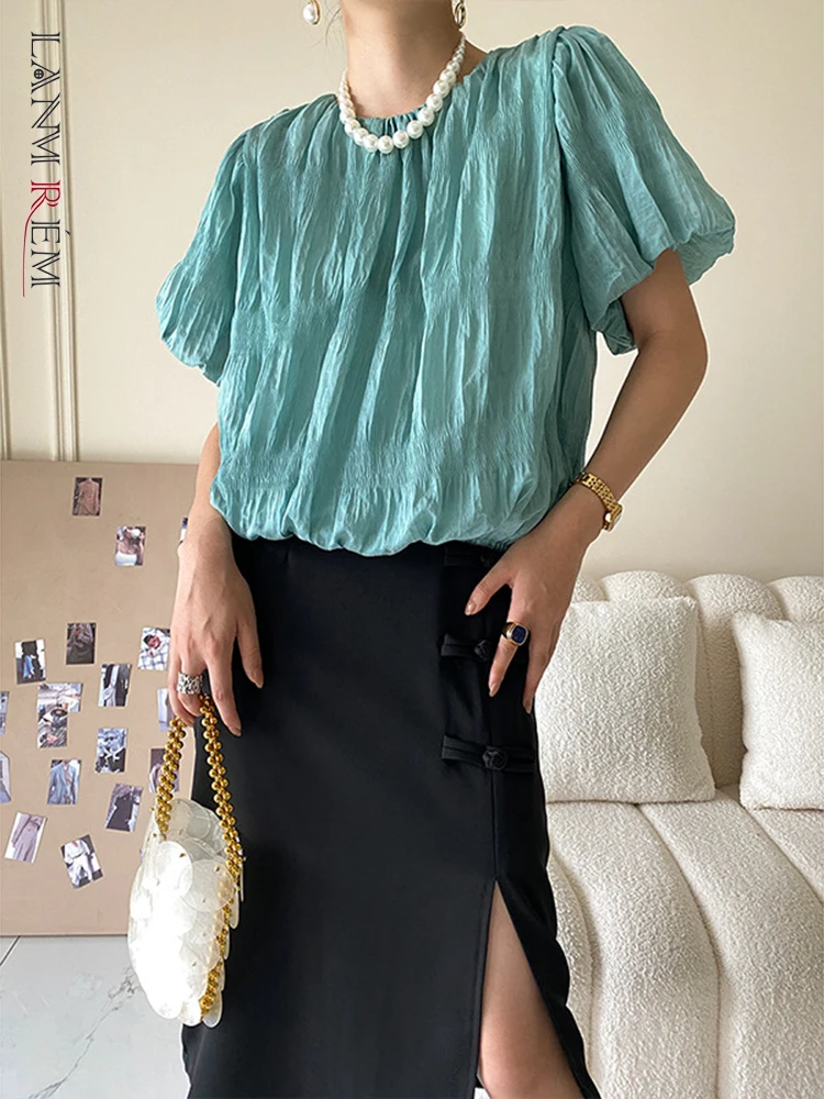 

Женская плиссированная блузка LANMREM, летняя Свободная блузка с коротким рукавом и объемными рукавами, 2R329