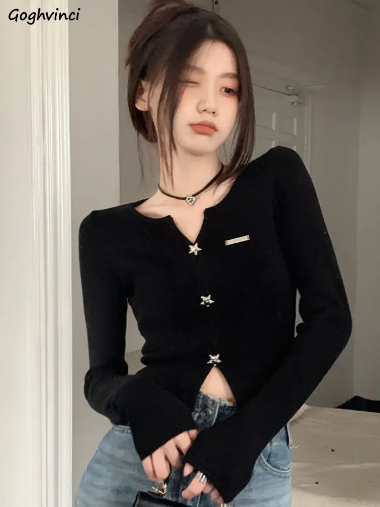 

Укороченные кардиганы для женщин, облегающие вязаные уличные свитера со звездами и пуговицами, простая Весенняя Повседневная модная женская одежда с длинным рукавом
