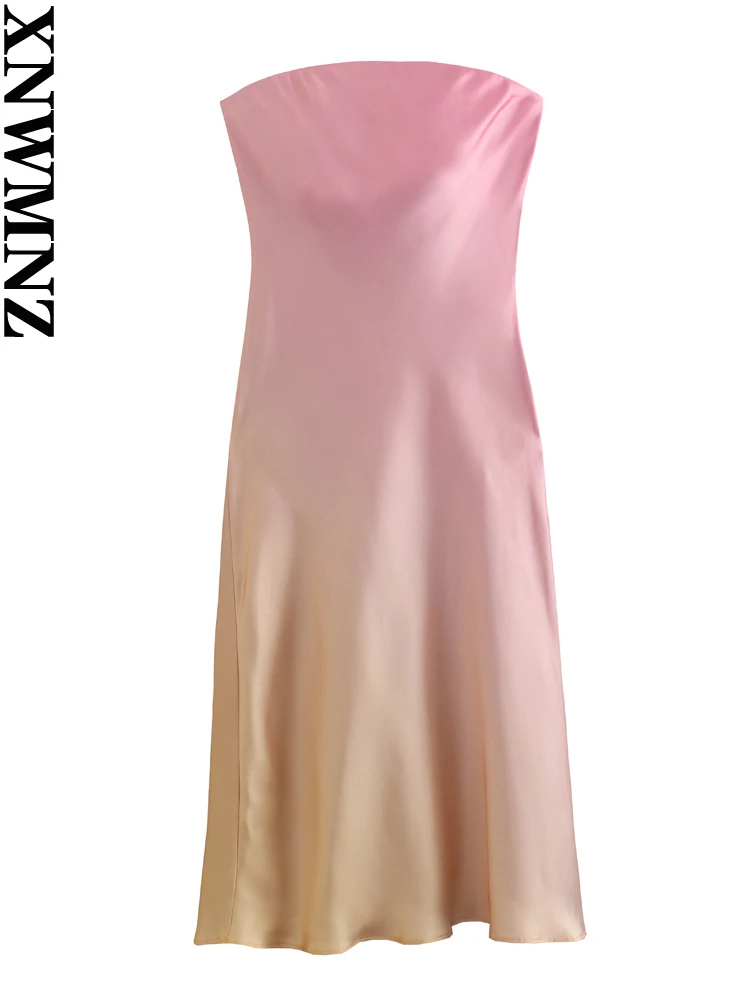 

XNWMNZ Women's Fashion Strapless Satin Dress Party Style Straight Neckline Exposed Shoulders Simple Female Midi Dresses