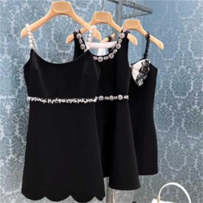 

New Pearl Chain High Waist Camisole Black Hepburn Small Dress sexy party dress women