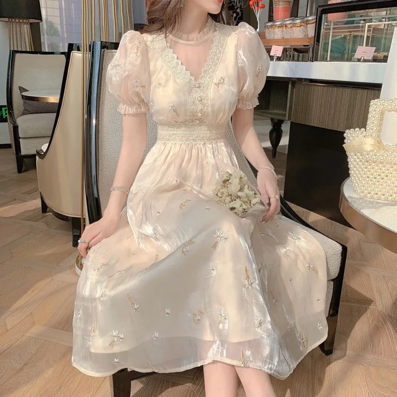 

Женское платье с цветочной вышивкой, Элегантное длинное вечернее платье средней длины в Корейском стиле, платье в стиле бохо для пляжа и отп...