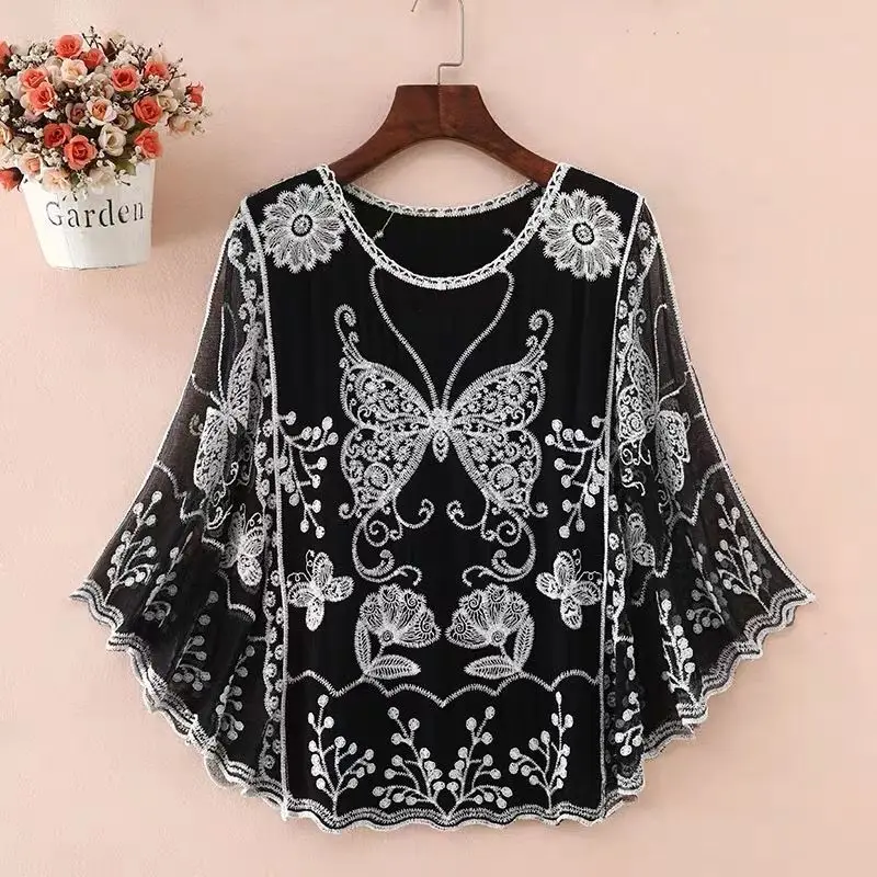 Lace Blouse Loose Trumpet Sleeve Shawl Butterfly Gauze Dress Accessories Korea Japan