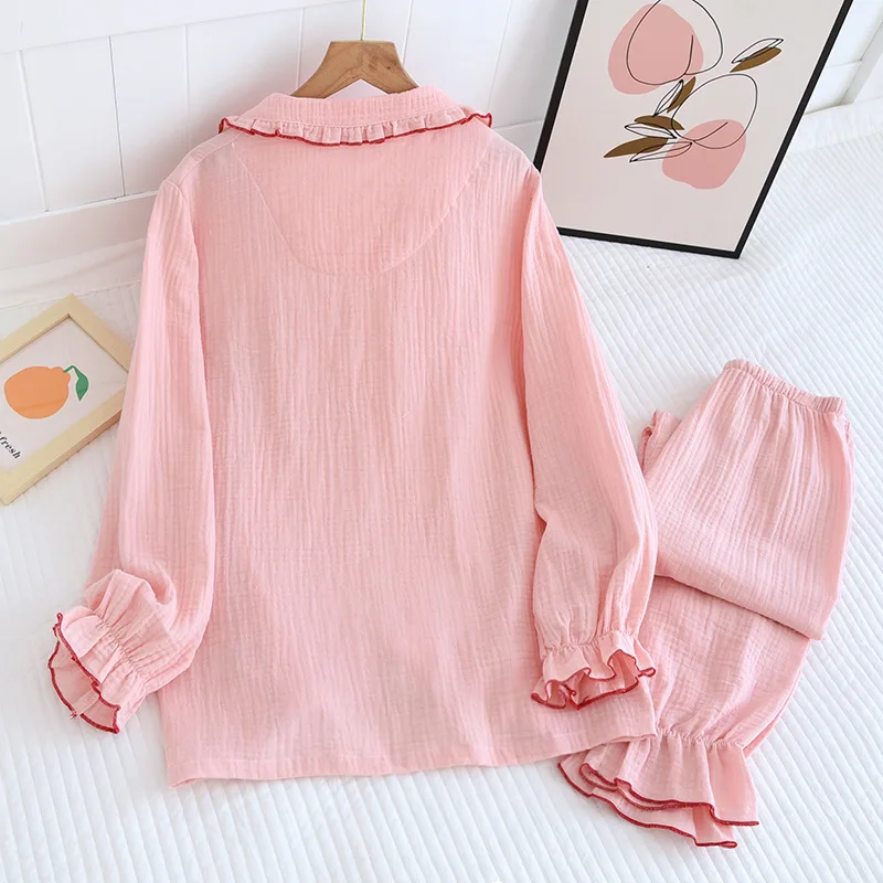 Spring Girls Pajamas Set Women Fungus Lapel Cotton Crepe Nightwear Pocket Lace Cute Thin Long-sleeved Pants Home Clothes Pijama