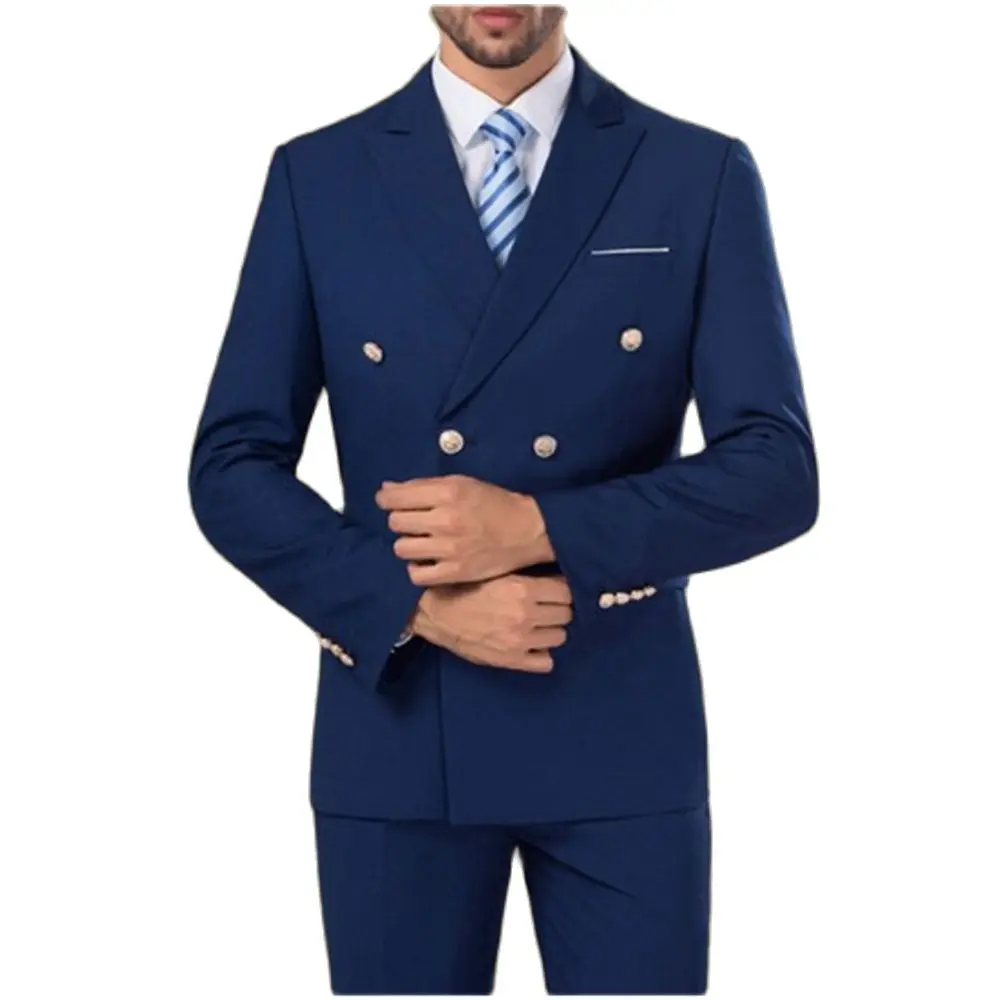

2022 New Arrival Men's Peak Lapel Navy Blue Suits Custom Made Gold Buttons Business Casual Wear 2 Pieces Slim Fit (Jacket+Pants)