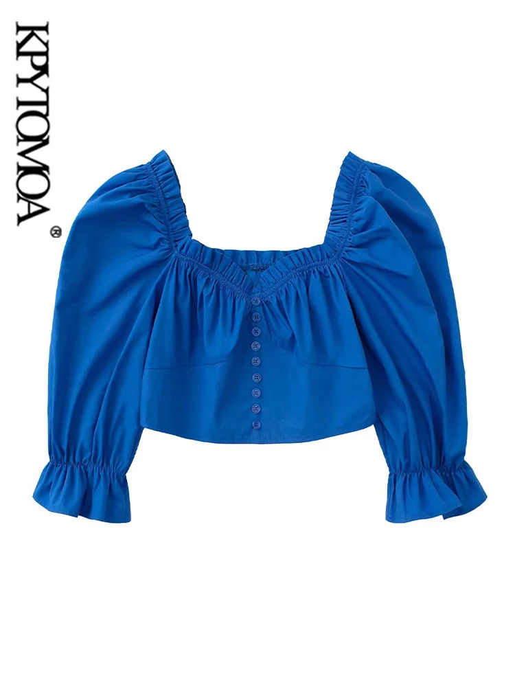 

KPYTOMOA женские модные укороченные блузки из поплина с пуговицами спереди, Винтажные эластичные женские рубашки с рукавом три четверти сзади, ...