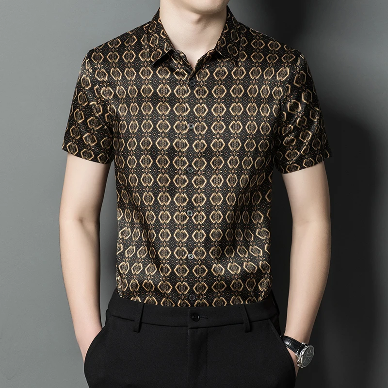 

Рубашка мужская с винтажным принтом, шелковая Высококачественная сорочка с короткими рукавами, модная повседневная качественная гладкая Удобная классическая майка, лето