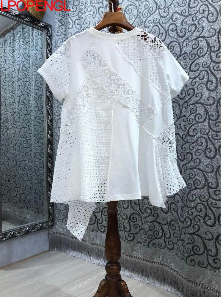 

Однотонная летняя новая женская футболка с кружевом и вырезами, свободная футболка с круглым вырезом и коротким рукавом, асимметричные топы с пентаграммой для дам