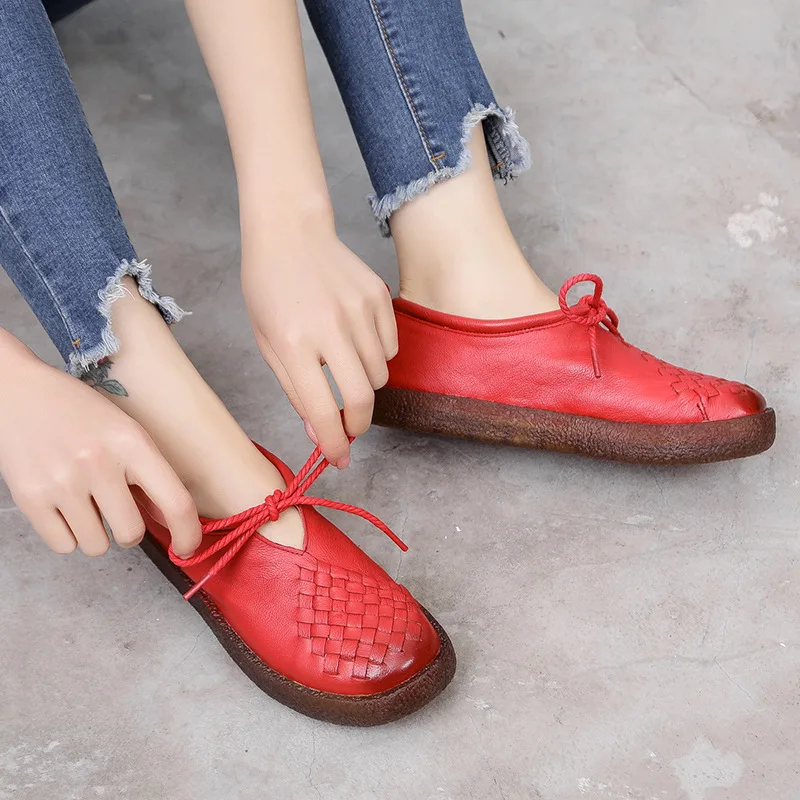 

Authentic Leather Flat Shoes Women Retro Loafers Lace Up Flats Ladies Braided Slip Ons Shoes Mom Black Moccasins Woven Loafers