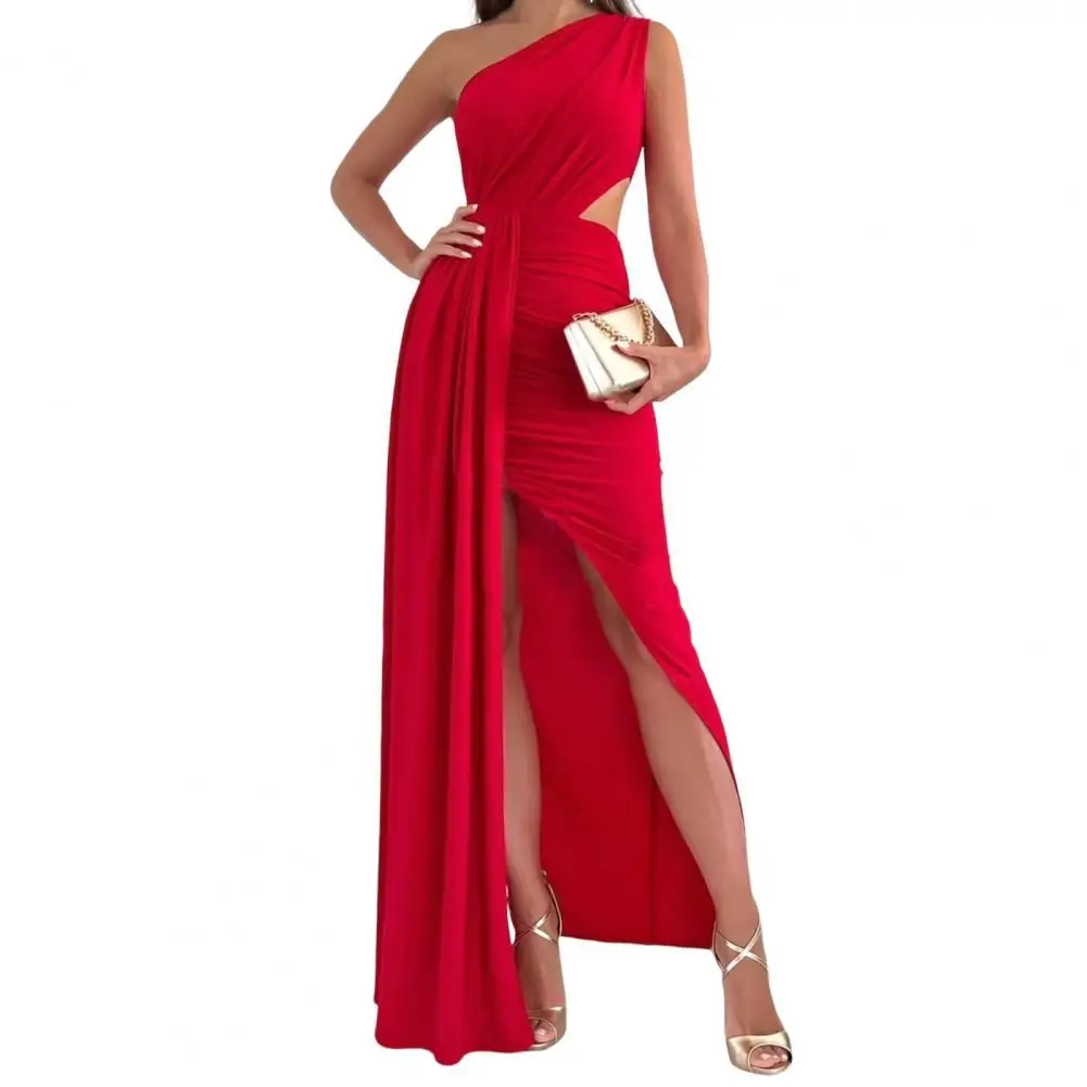 

Elegant Dress Summer Sexy Slit Maxi Dress Prom Dress Solid Color Hollow Out Pleated One Shoulder Sleeveless Party vestido Female
