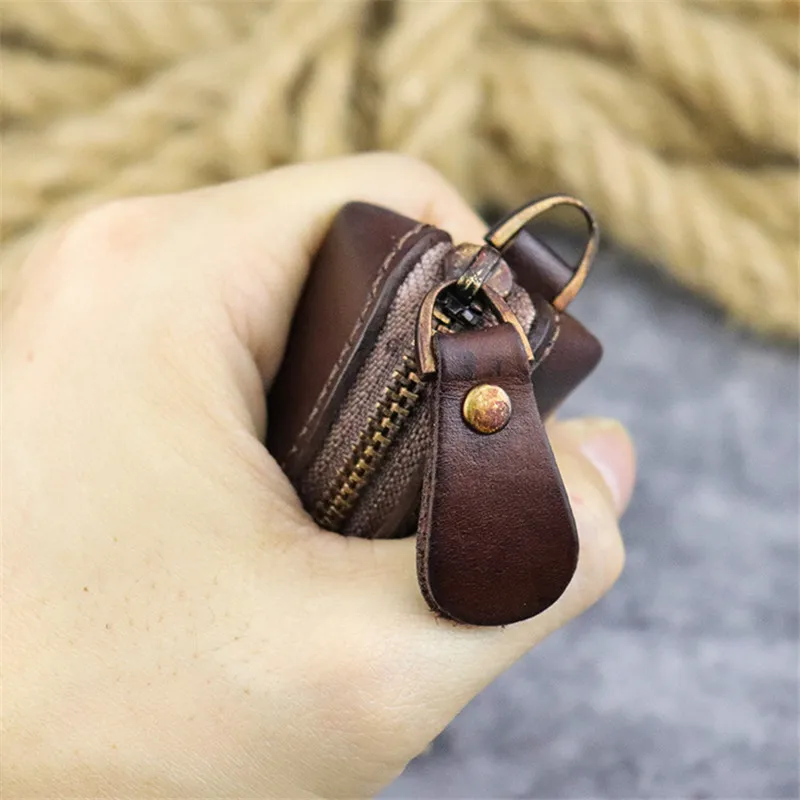 Retro casual high quality natural real leather men's and women's universal zipper car key case mini cute waist hanging bag