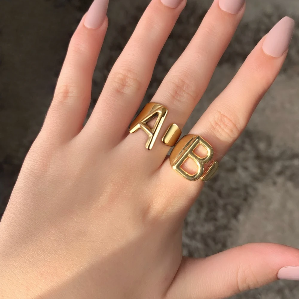 

316L Stainless Steel Ring Wide A-Z Letter Gold Color Letter Initial Rings For Women Men Open Ring Name Alphabet Female Jewelry