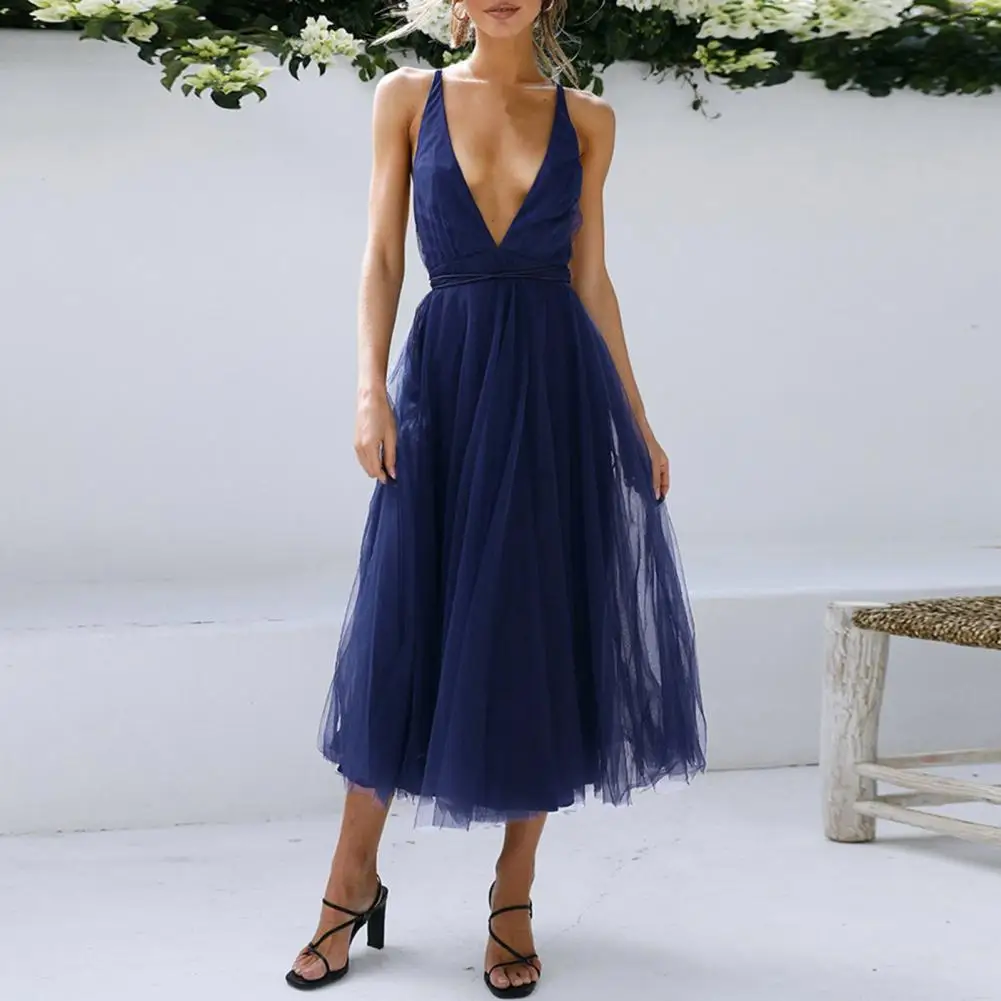 

Sleeveless Deep V-Neck Evening Dress Net Yarn Flowy Hem Sling Backless Women Dress Stylish Solid Color Mid-Calf Gauze Dress