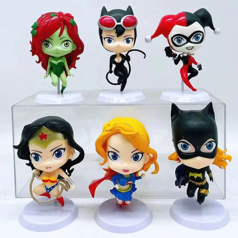 

6pcs/set Super Hero Catwoman Wonder Woman Poison Ivy Supergirl BatGirl Harley Quinn Cute Figure Model Toys 8cm