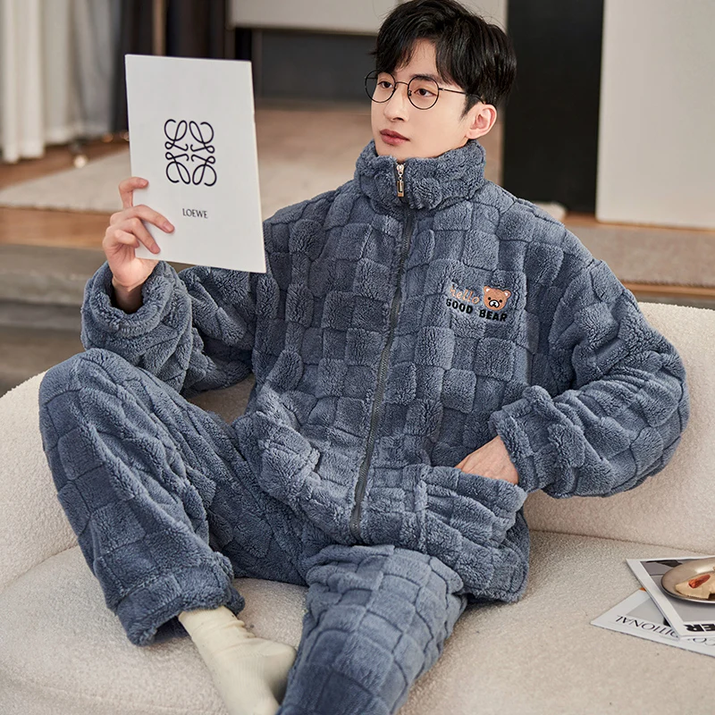 QUHENG Coral Fleece Pajamas Men Set Thicken Warm Autumn Winter Letter Zipper Home Clothes Suits Thick Warm Pijamas Sleepwear
