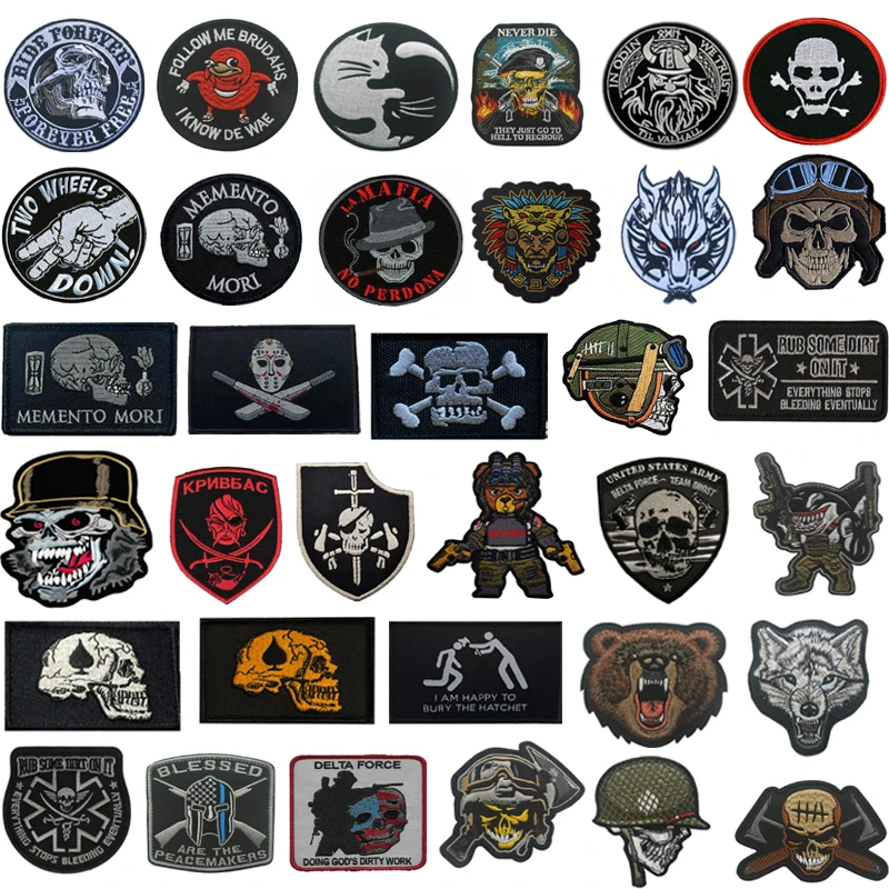 

Skull Badges HOOK Embroidery Patches Removable Insignia Sewings Military Tactical Clothing for Caps Backpacks Patch Uniforms