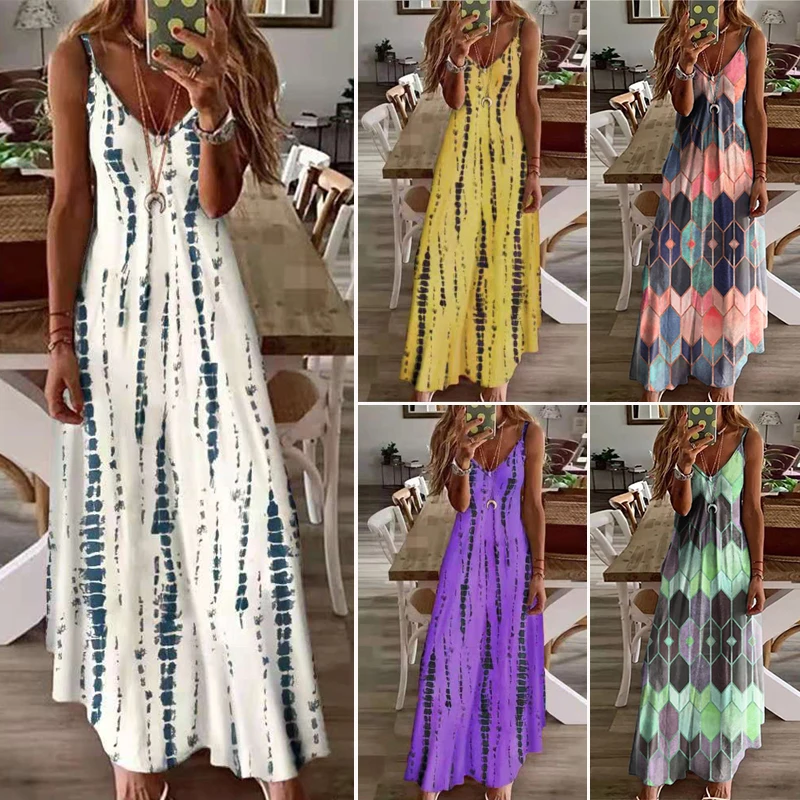 

Women Sexy Spaghetti Strap Maxi Dresses Summer Vintage Casual V-Neck Sleeveless Dress Female Camisole Long Party Dress Vestidos