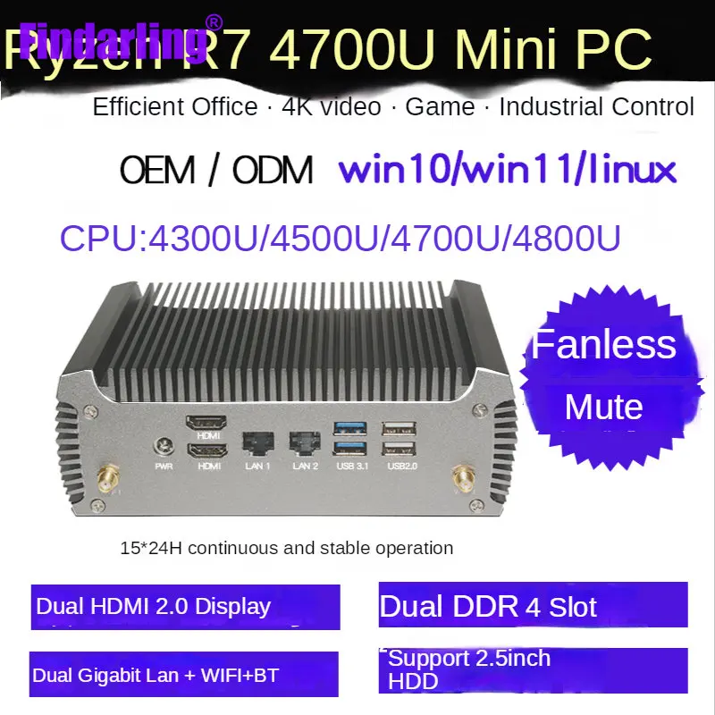 Fanless AMD Mini PC Ryzen 7 4800U/4700U Windows 11/10 Dual Ethernet Industrial Control 4K Dual HD Desktop Gaming Computer WiFi6