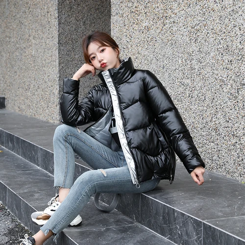 2021 Winter Trend Glossy Thickened Short Jacket Korean Style Loose Stand-up Collar Cotton Jacket BF Long Sleeve Women's Clothing