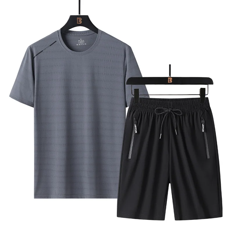 Sports Set Men's Ice Silk Short Sleeved Shorts 2023 New Summer Quick Drying Clothes Short Sleeved T-shirt+shorts Two-piece Set