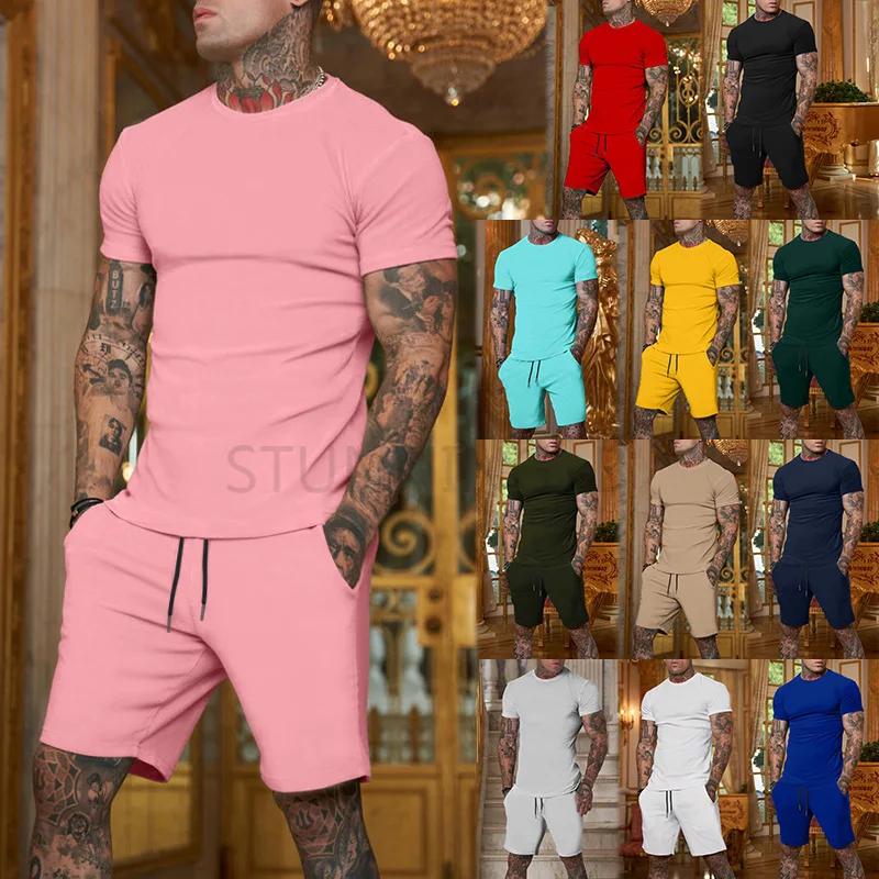 

2023 Summer New Casual Fashion Tracksuit 2 Piece Sets Solid Color Sports Oversized Suits Short Sleeve T Shirt Sets Man Clothing