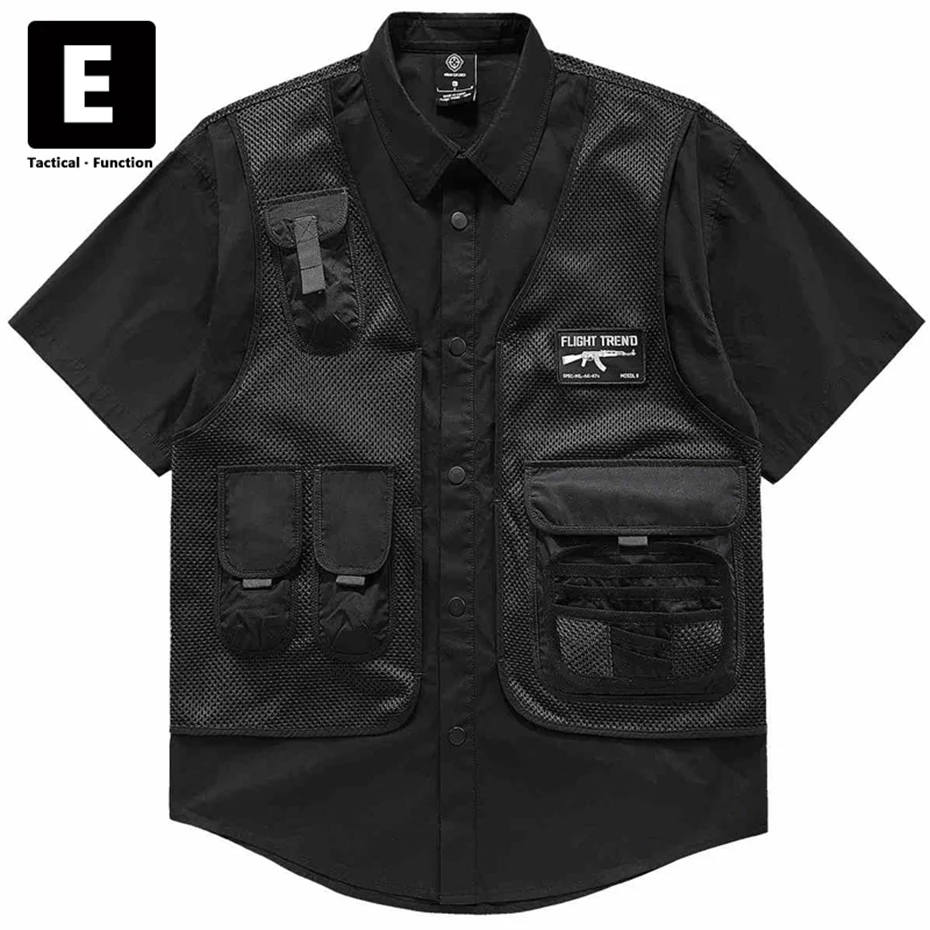 Black Cargo Shirt Men Summer Short Sleeve Shirts Multiple Pockets Techwear Tactical Button Tops Hip Hop Streetwear Male