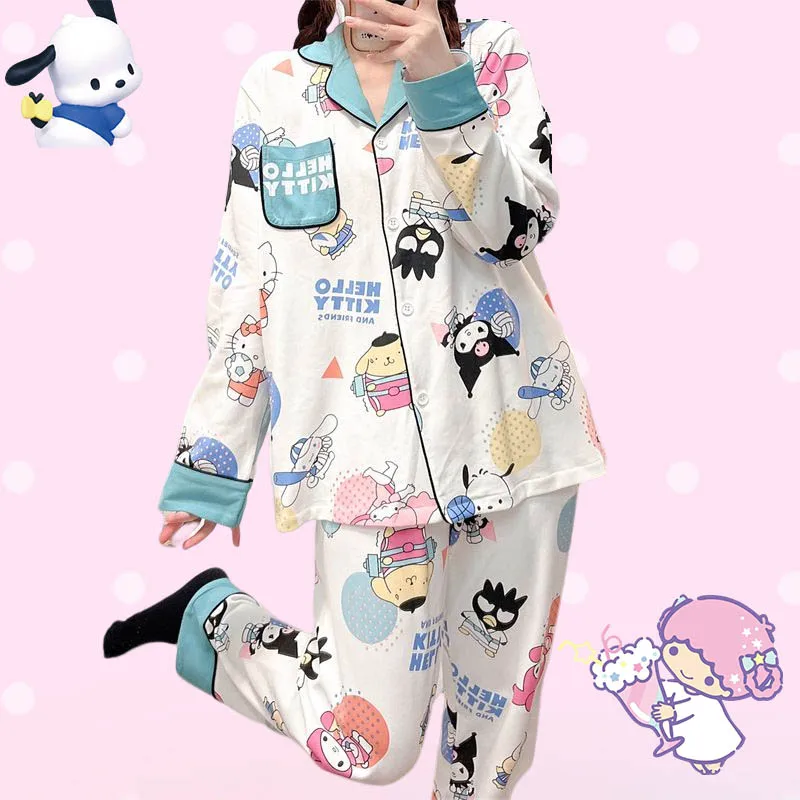 

Kawaii Sanrio Пижама My Melody Kuromi Милая аниме НОВАЯ тонкая Женская Весенняя удобная домашняя одежда Повседневная Свободная одежда подарок для девочек