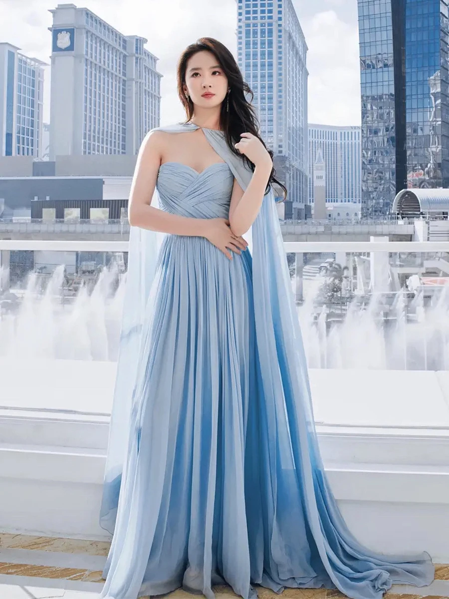 

Long Formal Evening Party Gowns 2023 with Cape Sexy Sweetheart Pleated Chiffon Floor Length Backless Bridesmaid Prom Party Dress