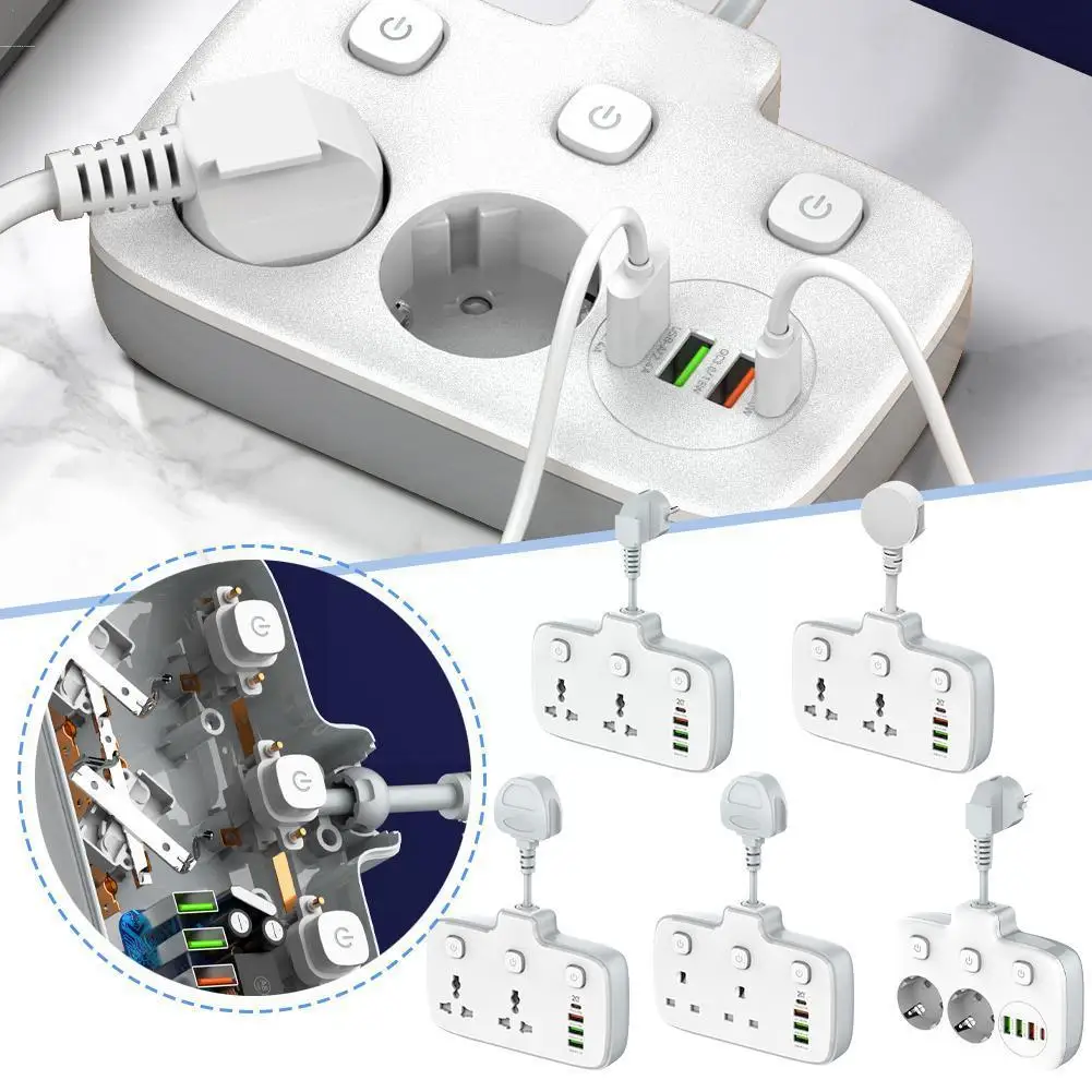 Сетевое зарядное устройство для быстрой зарядки, 2 универсальных розетки, 4 порта USB