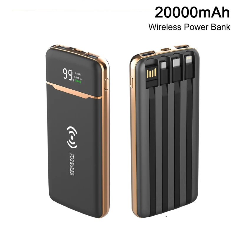 

Wireless Power Bank 20000mAh Portable Charger External Battery Pack Powerbank With Cable for iPhone 14 13 12 Samsung S22 Huawei