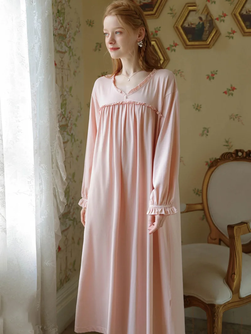 Women Spring Sleepwear Long Sleeve Cotton Victorian Sweet Pajamas Nightgowns V-Neck Ruffles Loose Princess Vintage Nightdress