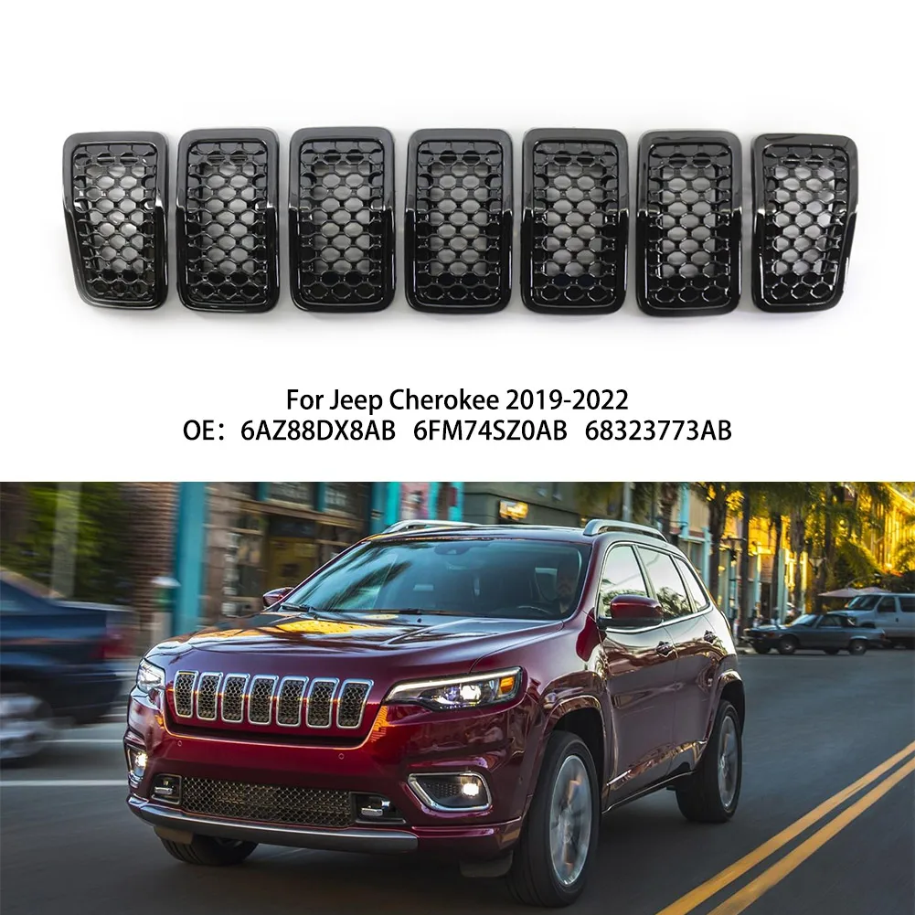 

7PCS Bright Black Car Front Grille Mesh Inserts For Jeep Cherokee 2019-2022 6AZ88DX8AB 6FM74SZ0AB 68323773AB Replace Part