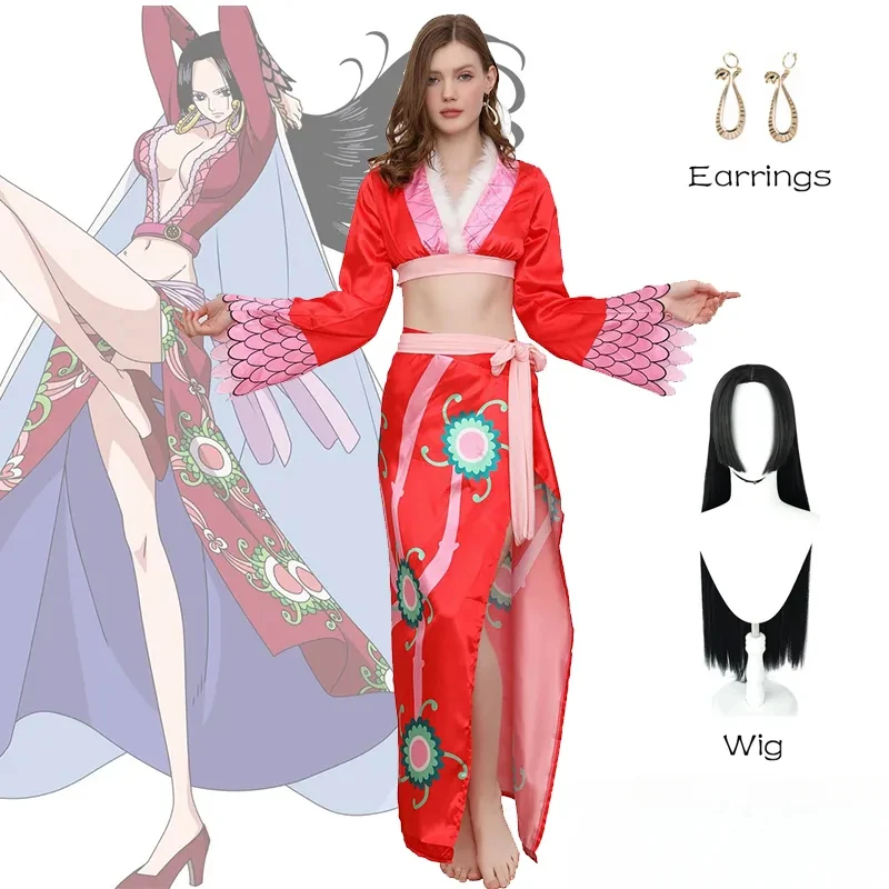 

Костюмы для косплея аниме Boa Hancock, красное кимоно, верхняя юбка, полный комплект, наряд, карнавальный костюм на Хэллоуин для женщин и девочек