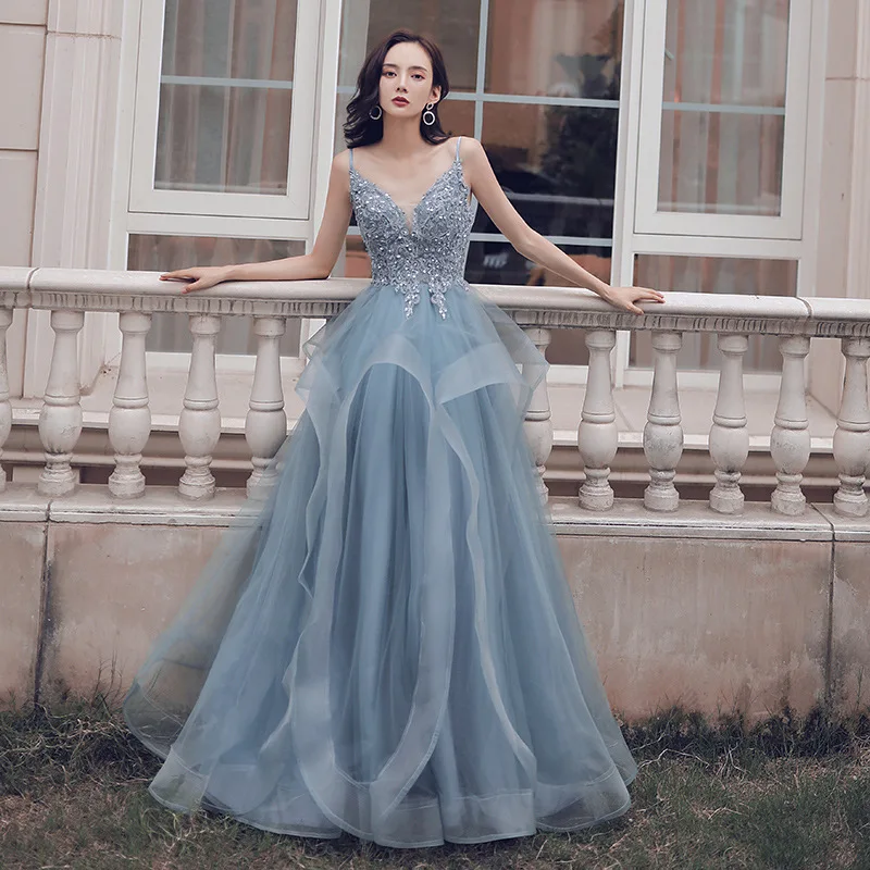 

Dusty Blue Sexy Long Evening Dress 2022 With Lace Spaghetti Straps A Line Tulle Ruffles Backless Ceremony Prom Dresses Formal