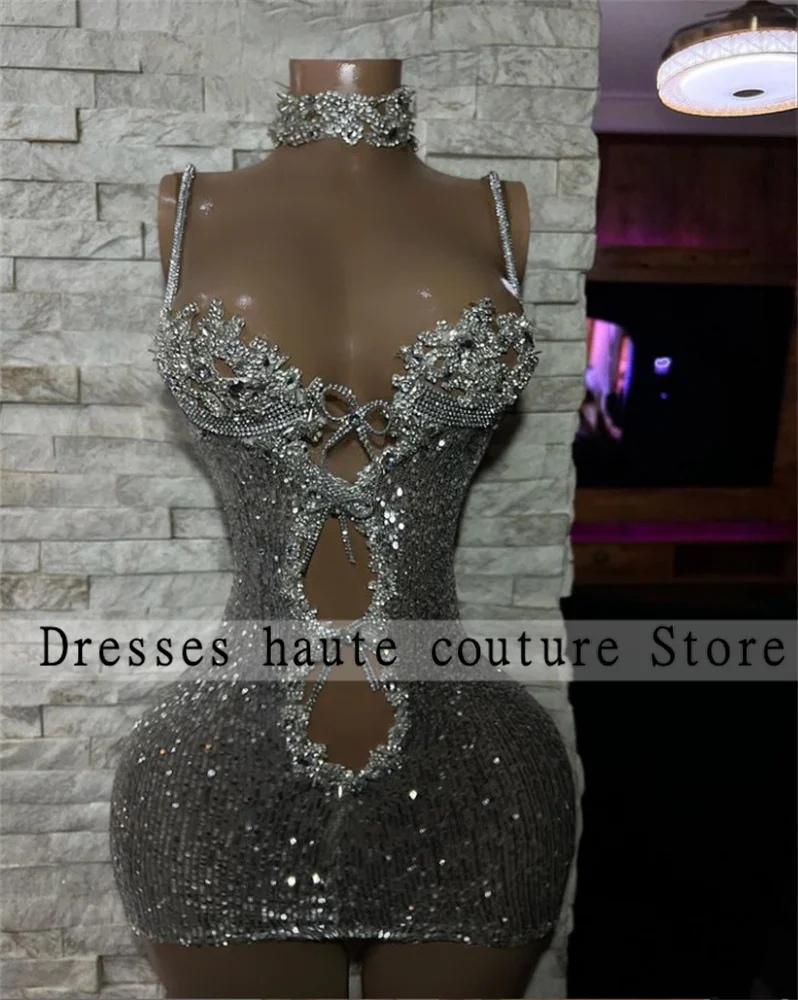 

Silver Beads Short Prom Dress For Black Girls Crystal Diamond Birthday Party Dresses Mermaid Mini Cocktail Homecoming Gown
