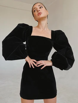 Mnealways18 Evening Puff Sleeve Women Velvet Dress Winter Black Sexy Bodycon Dress Square Collar Mini Party Dresses Christmas 1
