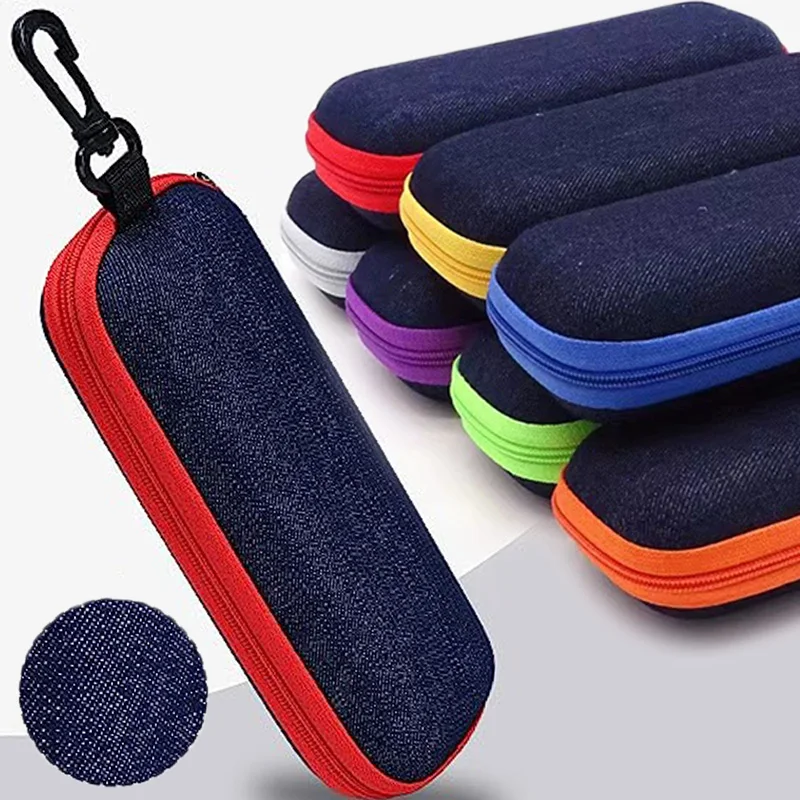 

Simple Denim Protective Eyeglasses Case Portable Zipper Sun Glasses Boxes Travel Hook Linker Anti Loss Glasses Packaging Eyewear