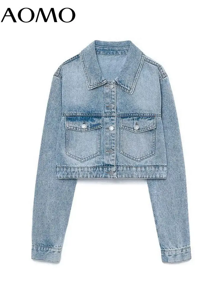 

AOMO 2023 Women Denim Jacket Boyfriend Style Long Sleeve Female Cropped Coat Outwear 6H257A