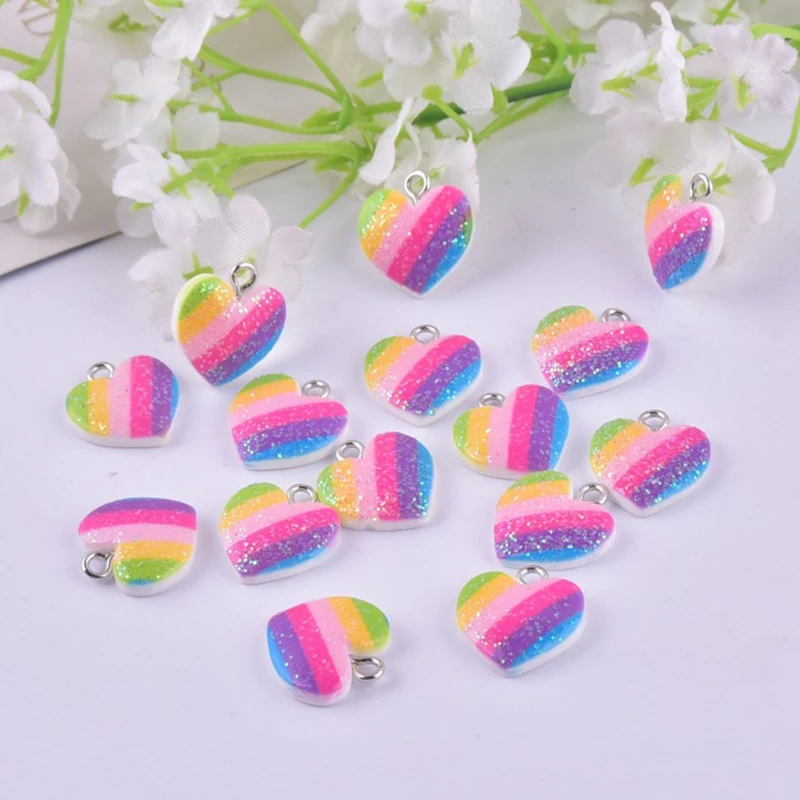 

10pcs Sparkling Pink Rainbow Heart Resin Charms Pendant for DIY Earring Keychain Bag Bracelet Jewelry Making