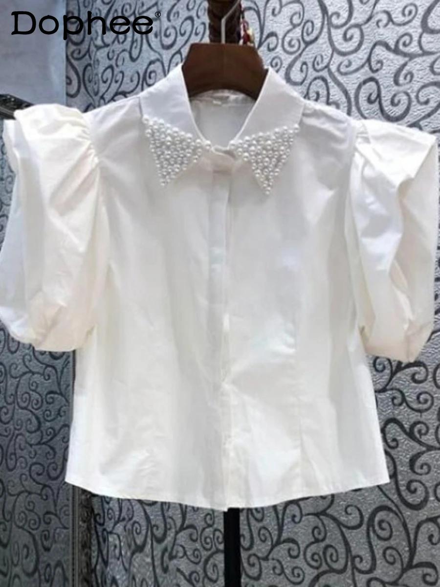 

French Style Beads Puff Sleeve Blouse Top Female Versatile Slimming Cotton White Shirt for Teenage Girls Summer 2022 New Style