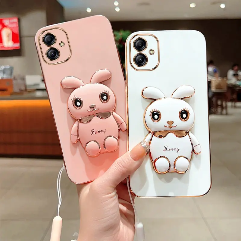 

Phone Case for Samsung Galaxy A03 A04 A12 A13 A14 A22 A23 A24 A32 A33 A34 A50 A52 A53 A54 A73 Plating Square Rabbit Holder Cover