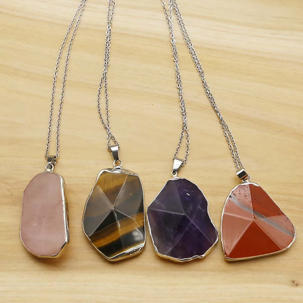 

Natural Stone Silver Edge Crystal Irregular Pendants Stainless Steel Chain Necklace Fashion Reiki Charms Jewelry Accessories 1Pc
