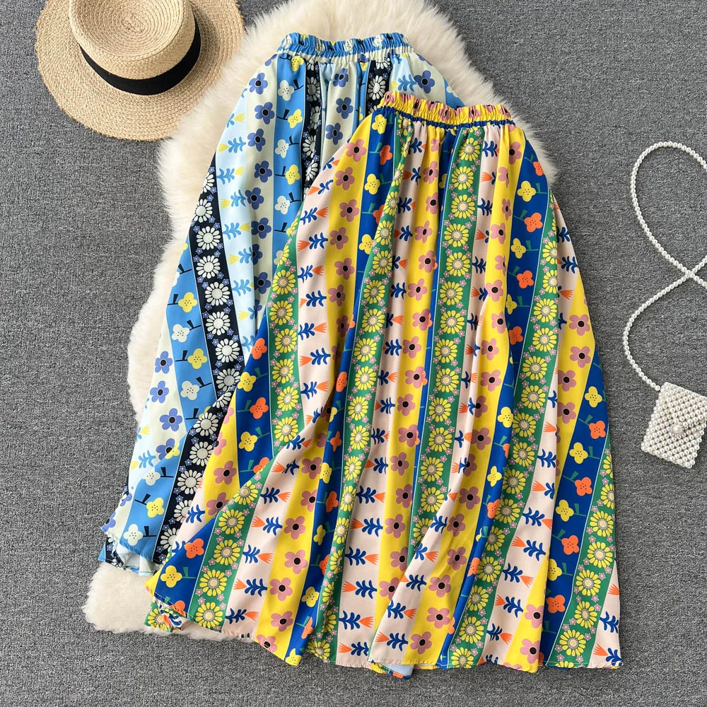 

Women Ins 2022 Spring Summer New Fashion Slim Elastic Waist Color Printing Stitching Long Pleated Skirt Korean Clothes E840
