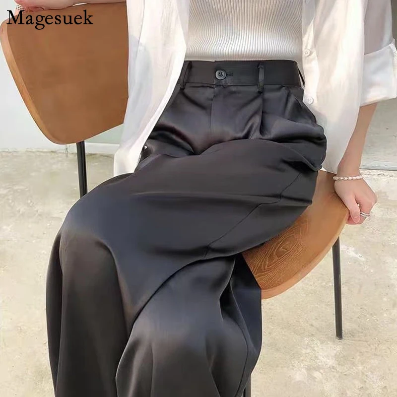 

Casual Office Wide Leg Pants for Women Classic Black Straight High Waist Pants Summer Autumn Silk Satin Women's Trousers 21907
