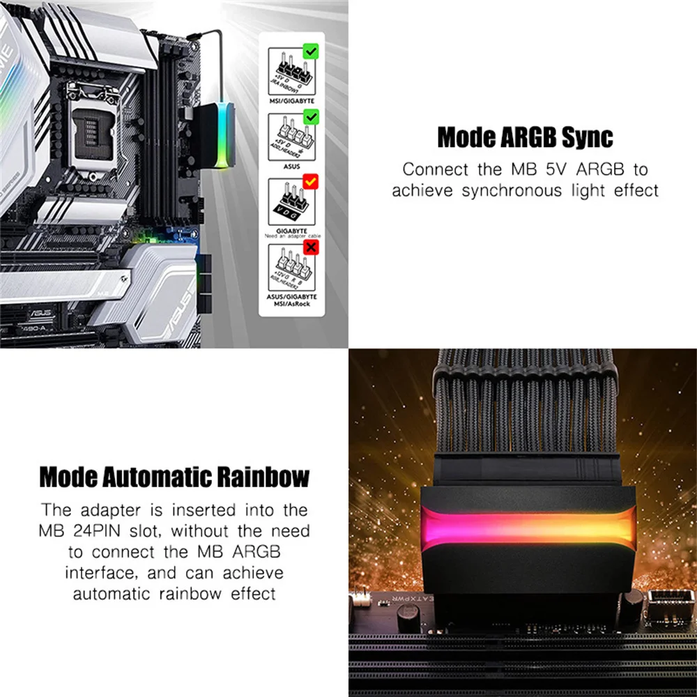 Установка адаптера питания Atx24-контактный светящийся Argb 24-контактный 90-градусный